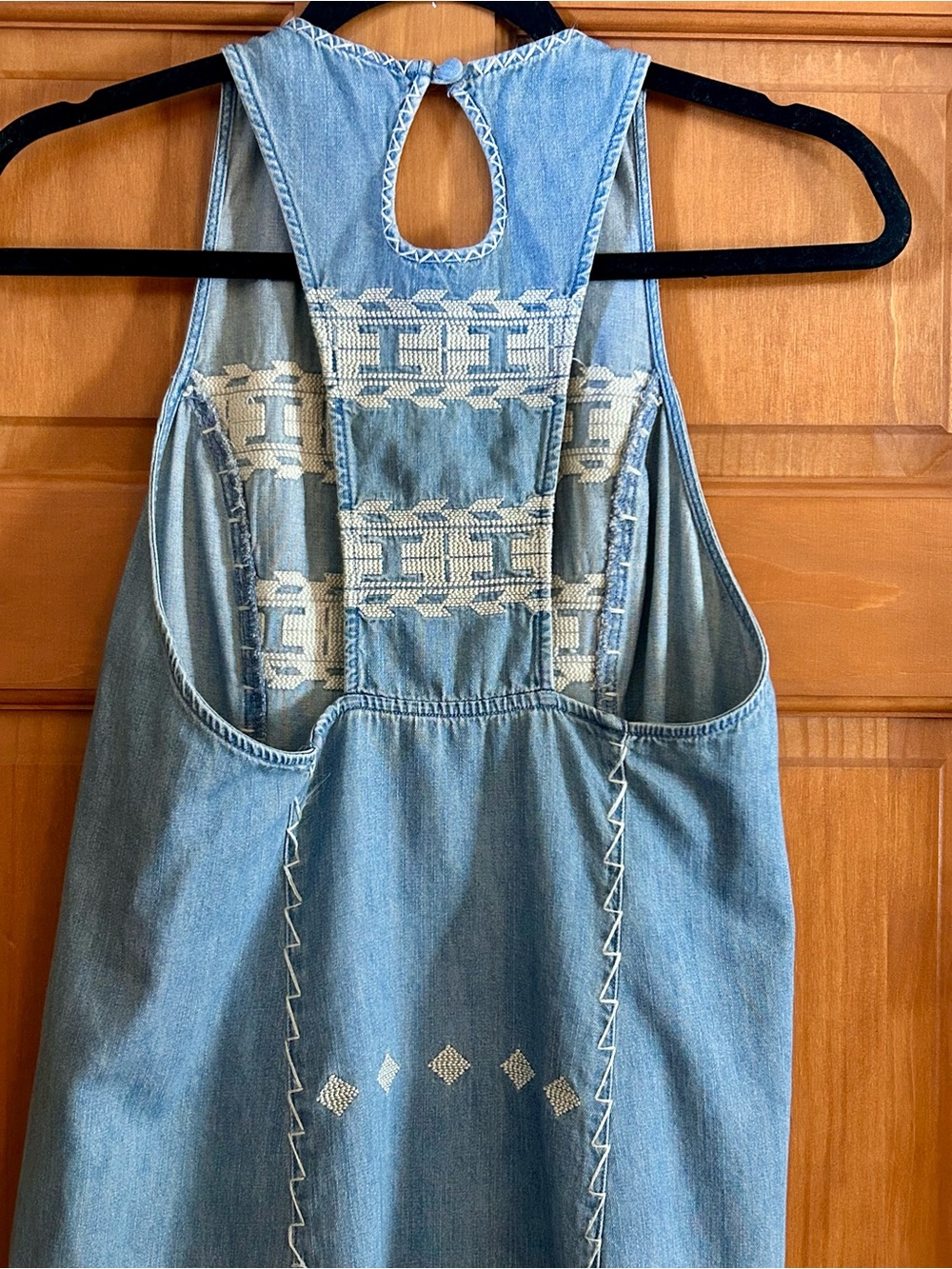 Free People Light Blue Denim Mini Dress with Cream Embroidery Accents - Picture 3 of 6